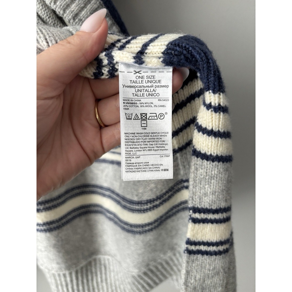 GAP Grey Knit Wool Blend Poncho Sweater Cream and Blue Stripes OS Cottagecore - Picture 8 of 10